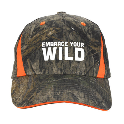 Front View of Mossy Oak Country/Blaze Camo Cap With Blaze Inserts