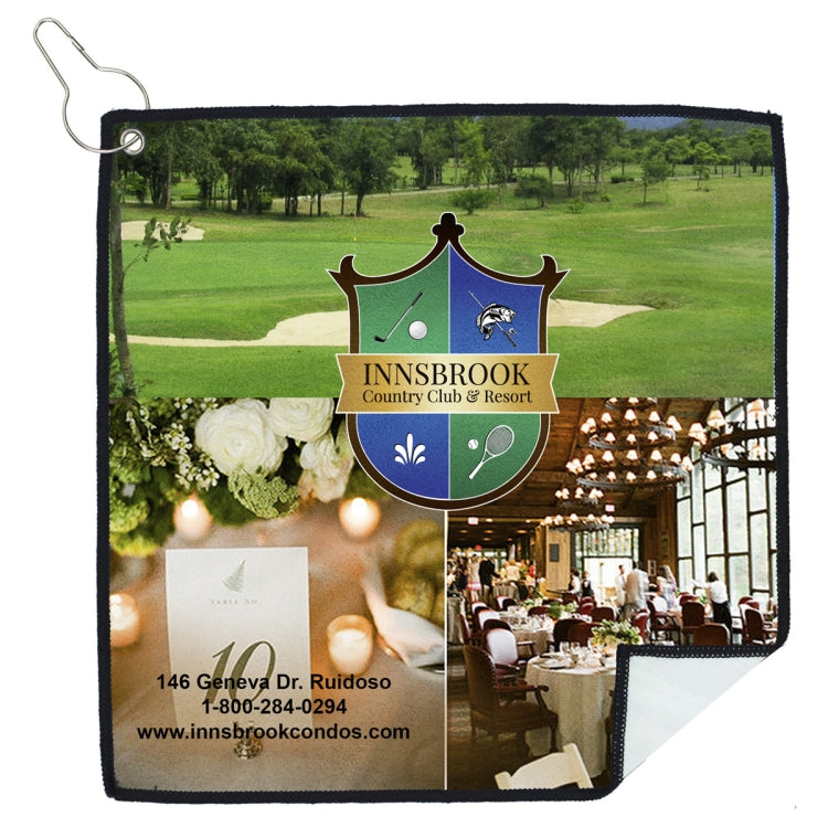 12" X 12" -"TEE OFF" Recycled RPET Suede Golf Towel Full Color Import Air Ship