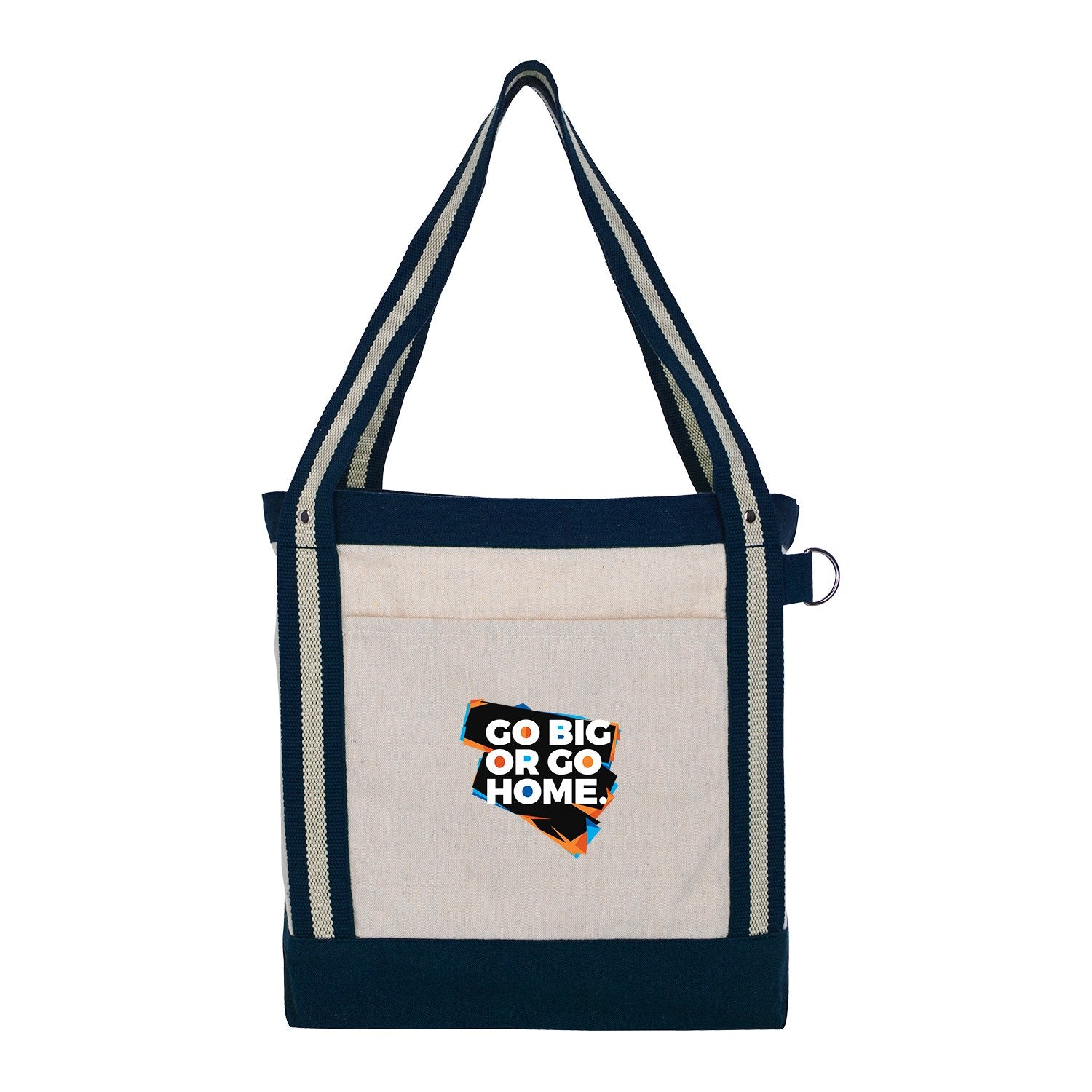 Front View of Black V Natural Striped Recycled Cotton Boat Bag