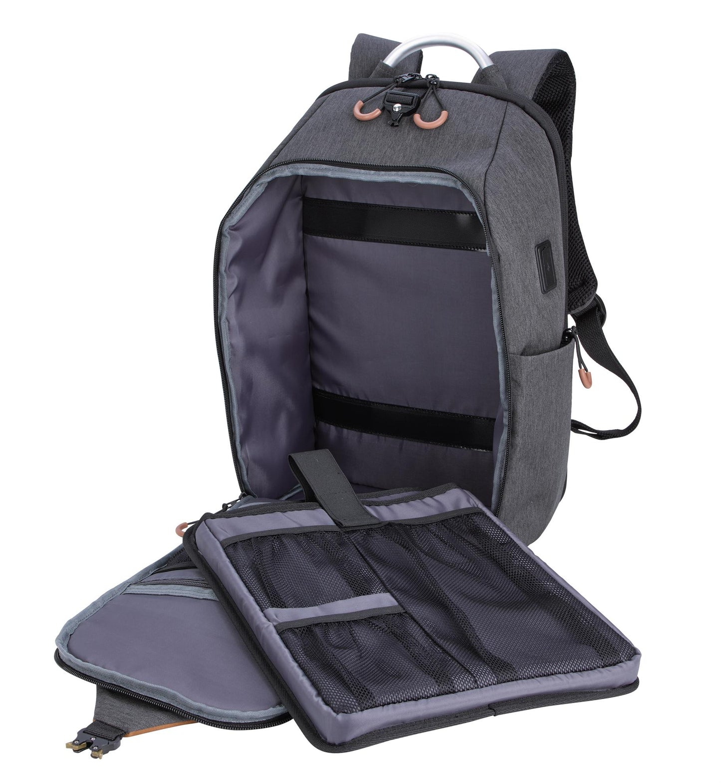 Inside View of Charcoal/Tan SCX Innovative Design™ Computer Backpack with USB Port