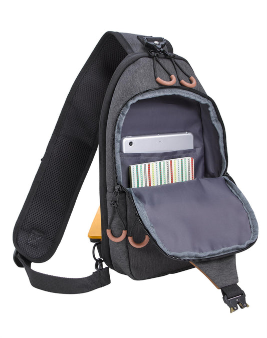 Front View of Charcoal/Tan SCX Innovative Design™ Sling Pack with USB Port