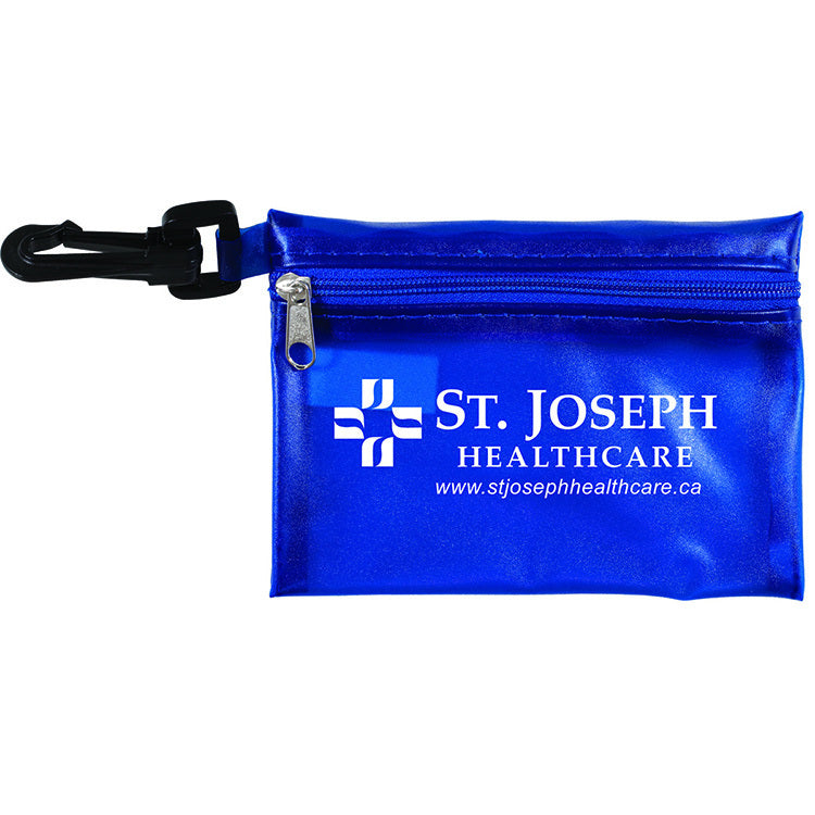 "TROUTDALE" 13 Piece First Aid Kit inTranslucent Zipper Kit with Plastic Carabiner Attachment