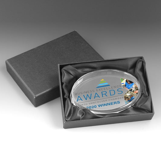 Oval Glass Award Paperweight - 3” L x 5” W x 3/4”H