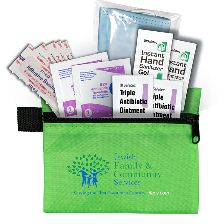 Bixby Plus San" 13 Piece Mask & Sanitizing Safety Kit inserted into Zipper Pack