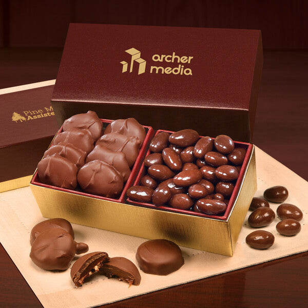 Caramel Pecan Clusters & Chocolate Almonds in Burgundy & Gold Gift Box
