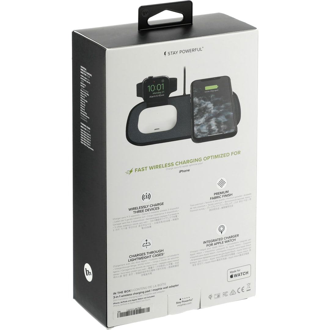 Front View of Black mophie® 3-in-1 Fabric Wireless Charging Pad