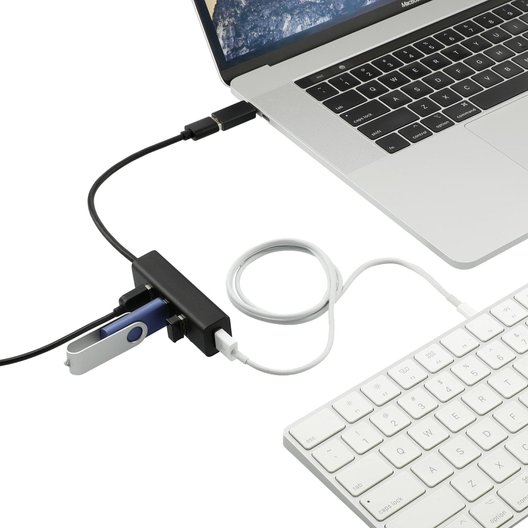 Front View of Black Aluminum 4-Port USB 3.0 Hub with Type C Adapter