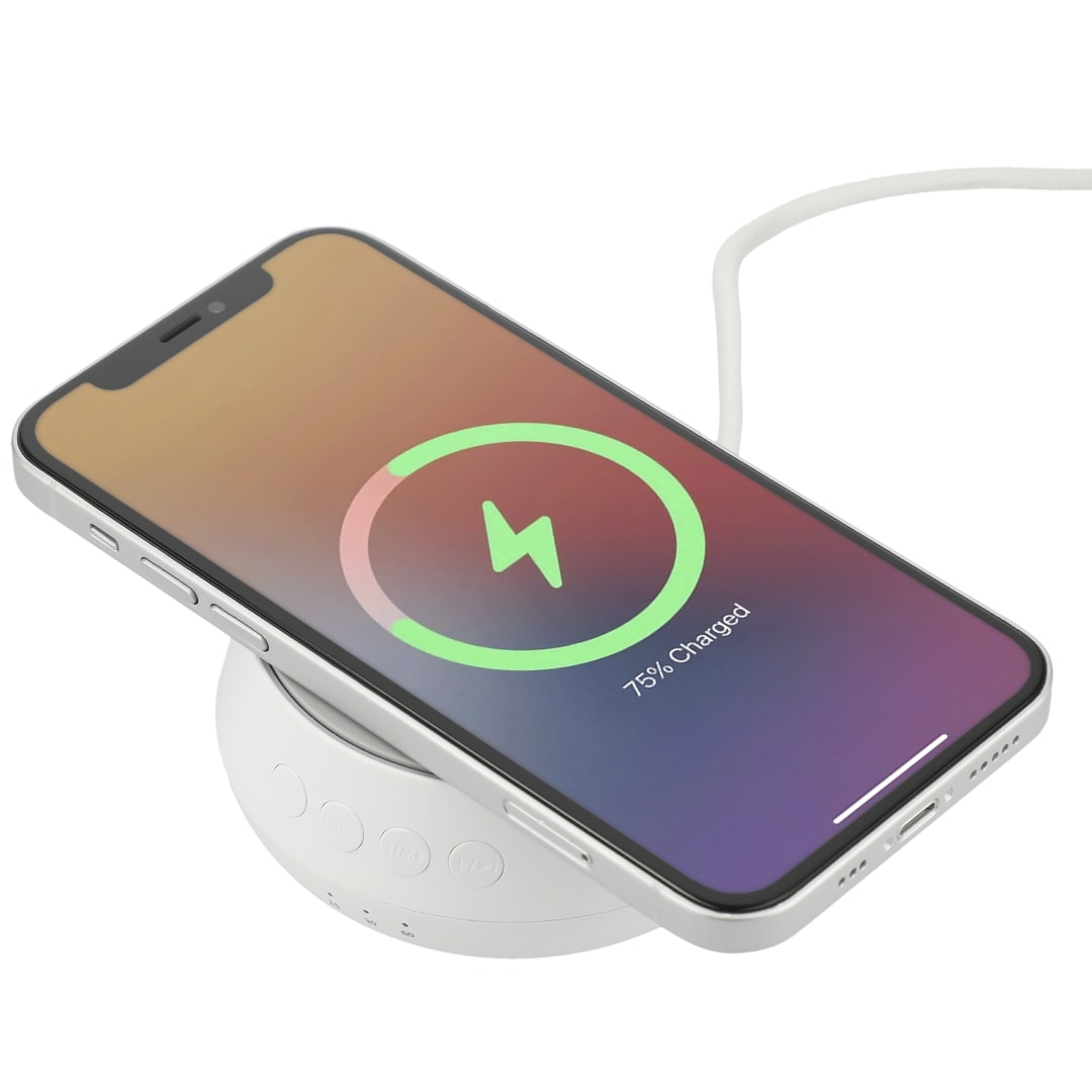 Front View of White Sound Machine with 15W Wireless Charger