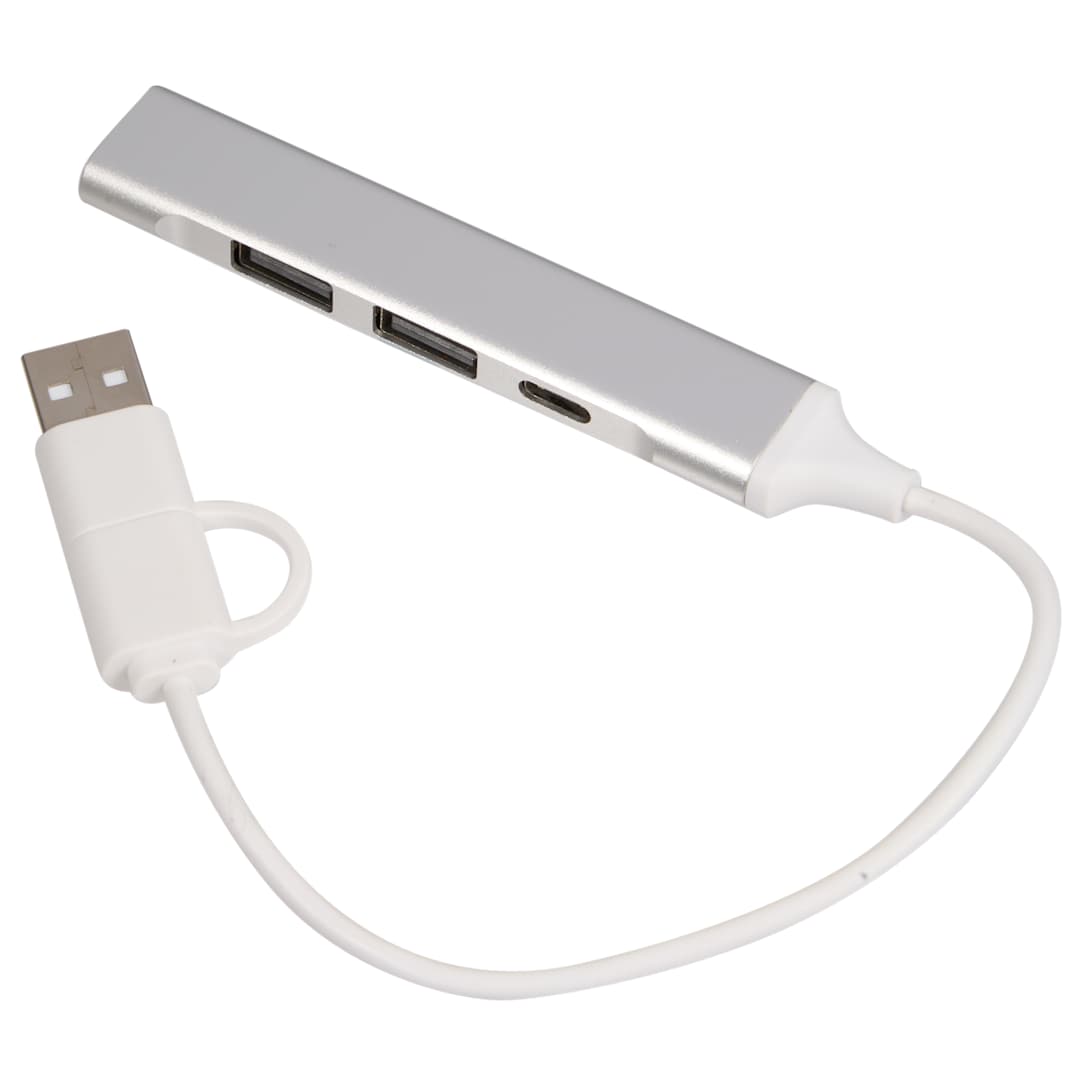 Front View of Silver Aluminum 4-Port USB-A and C Hub