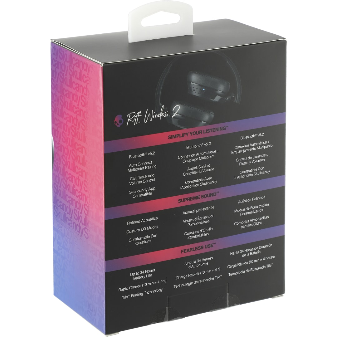 Front View of Black Skullcandy Riff 2 Bluetooth Headphones