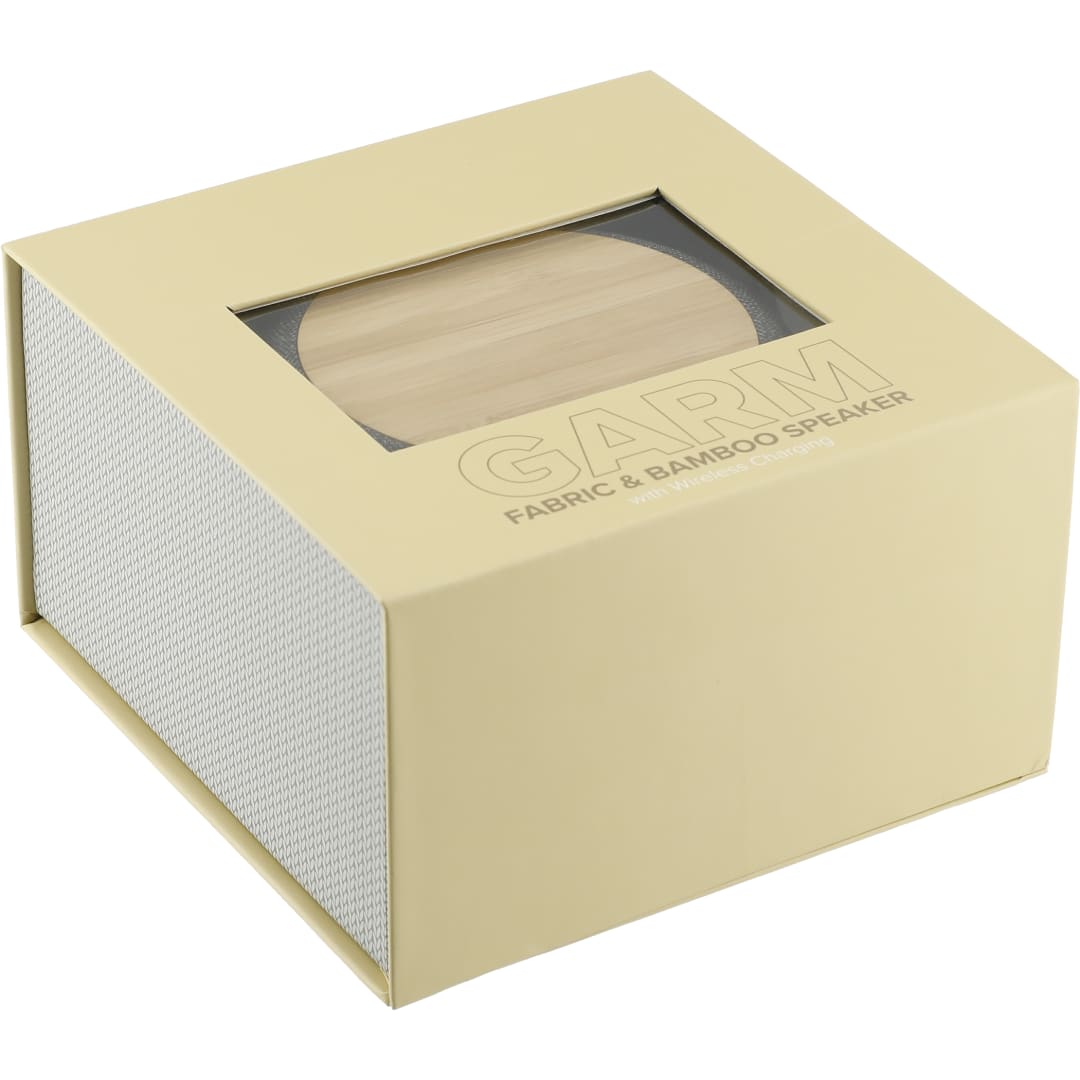 Front View of Gray Garm Fabric & Bamboo Speaker with Wireless Chargin