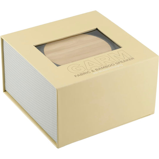 Front View of Gray Garm Fabric & Bamboo Speaker with Wireless Chargin