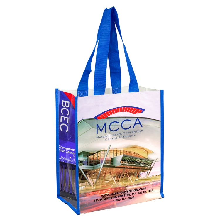 12"W x 14"H x 7”Gusset - "NICOLE" Full Color Laminated Woven Wrap Tote and Shopping Bag