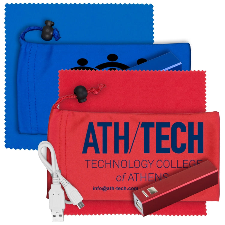 Red Mobile Tech Metal Power Bank Kit in Microfiber Cinch Pouch Components inserted into Microfiber Pouch