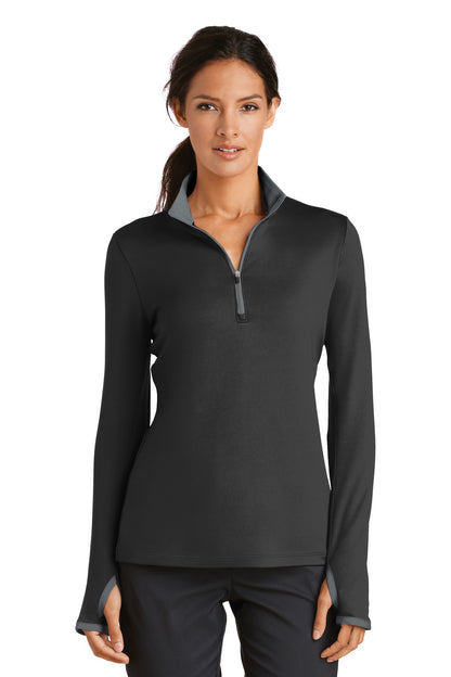 Front View of Black/Dk Grey Nike Women's Dri-FIT Stretch 1/2-Zip Cover-Up. 779796  - S