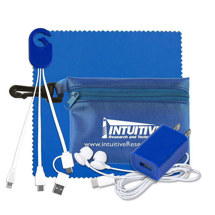 "Miramar" Mobile Tech Earbud and Charging Kit in Translucent Carabiner Zipper Pouch