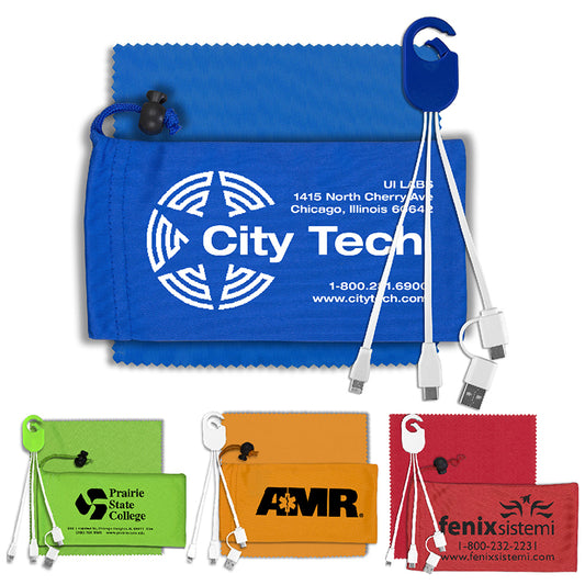 "RECHARGE PACK" Mobile Tech Charging Cable Kit in Microfiber Cinch Pack Components
