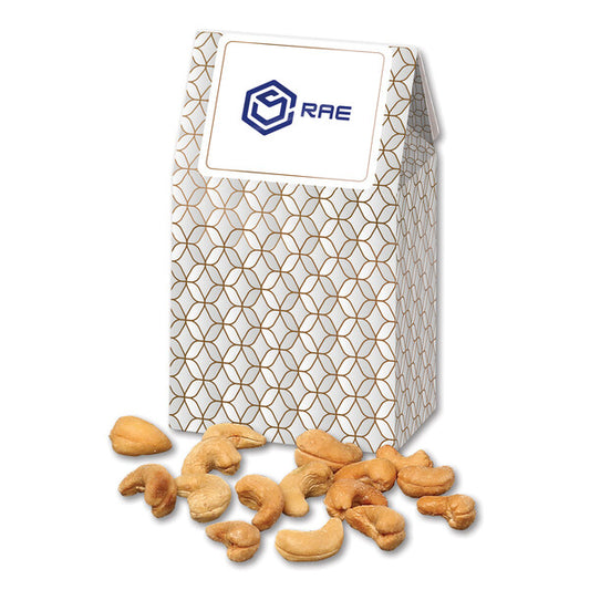 Fancy Cashews in Silver & Gold Geometric Gable Top Gift Box