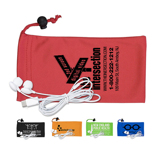 Black Mobile Tech Earbud Kit in Microfiber Cinch Pouch Components inserted into Microfiber Pouch