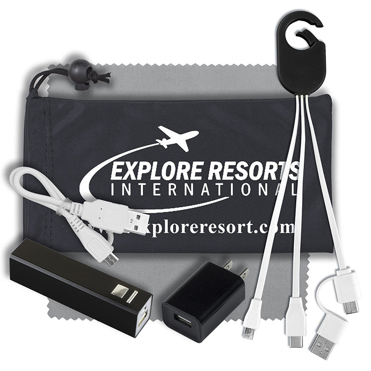 Mobile Tech Metal Power Bank Charging Kit with Microfiber Cloth in Microfiber Cinch Pouch