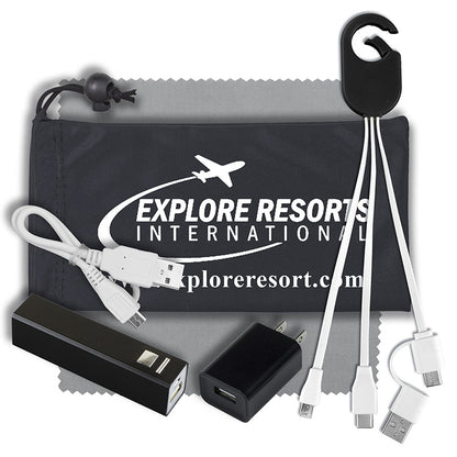 Mobile Tech Metal Power Bank Charging Kit with Microfiber Cloth in Microfiber Cinch Pouch