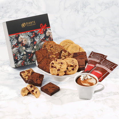 Gourmet Cookie & Brownie Gift Box with Pine Boughs & Berries Sleeve