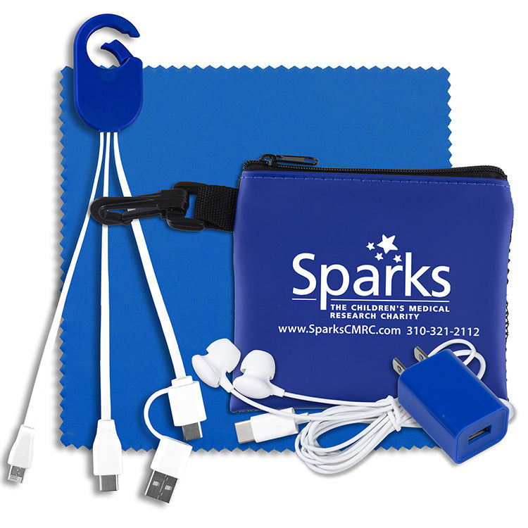 “TechMesh Clip” Mobile Tech Accessory Kit in Mesh Zipper Pouch Components inserted into Zipper Pouch