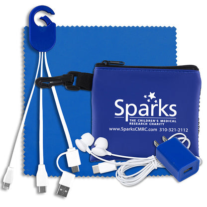 “TechMesh Clip” Mobile Tech Accessory Kit in Mesh Zipper Pouch Components inserted into Zipper Pouch