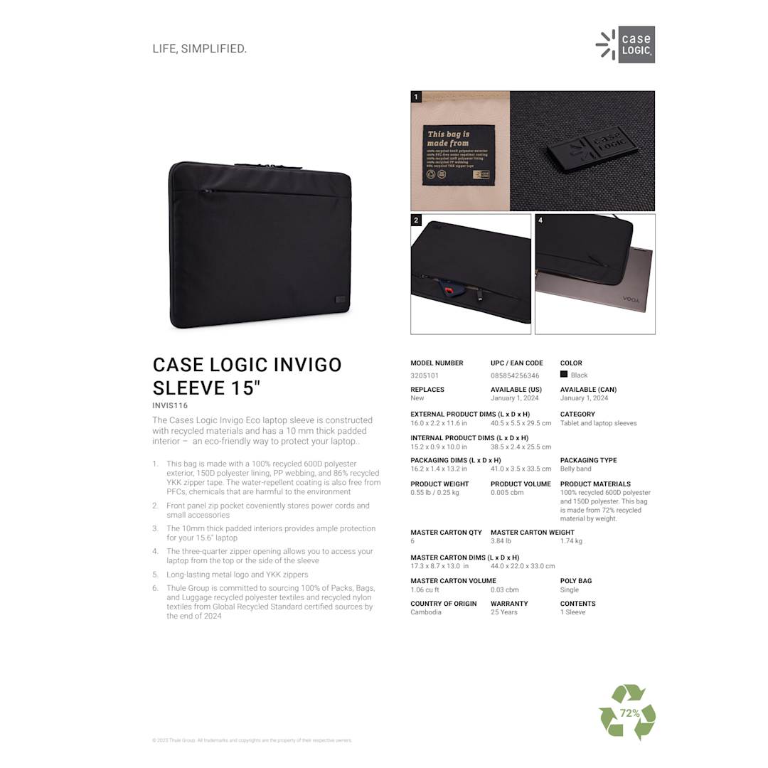 Black Case Logic Invigo Recycled 16” Laptop Sleeve