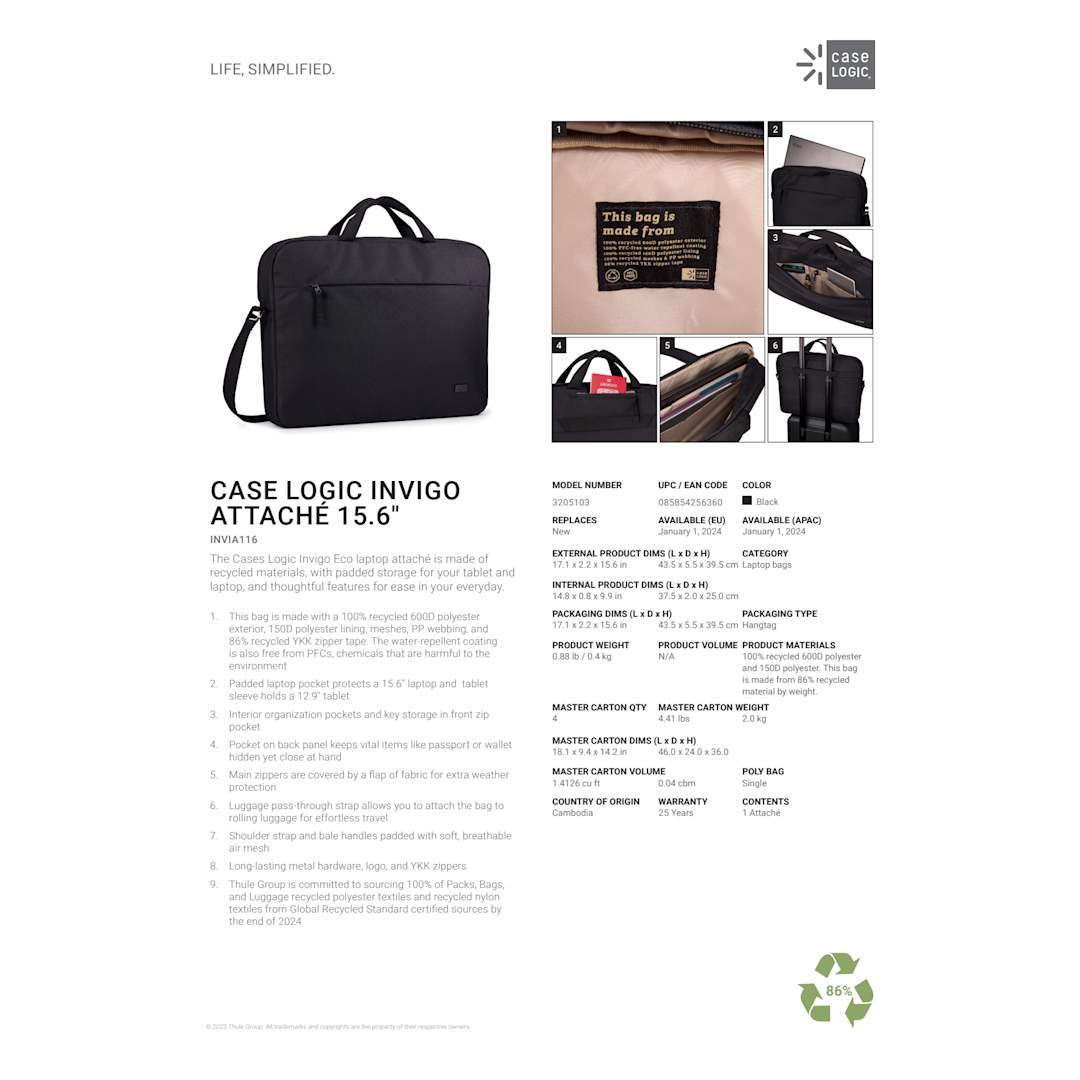 Front View of Black Case Logic Invigo Recycled 16” Messenger Bag