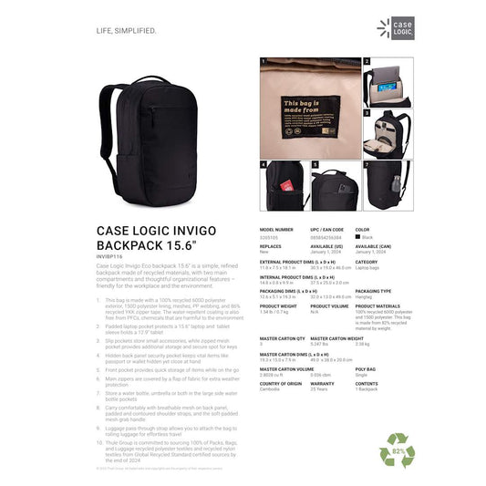 Front View of Black Case Logic Invigo Recycled 16” Laptop Backpack
