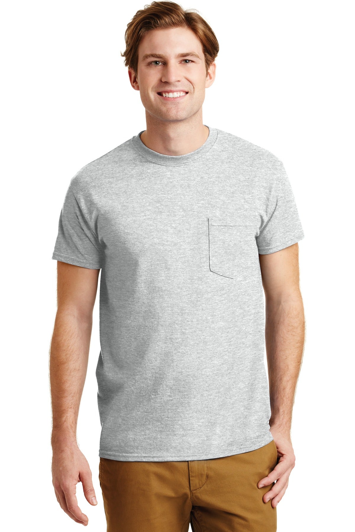 Front View of Ash Grey Gildan - DryBlend 50 Cotton/50 Poly Pocket T-Shirt. 8300  - S