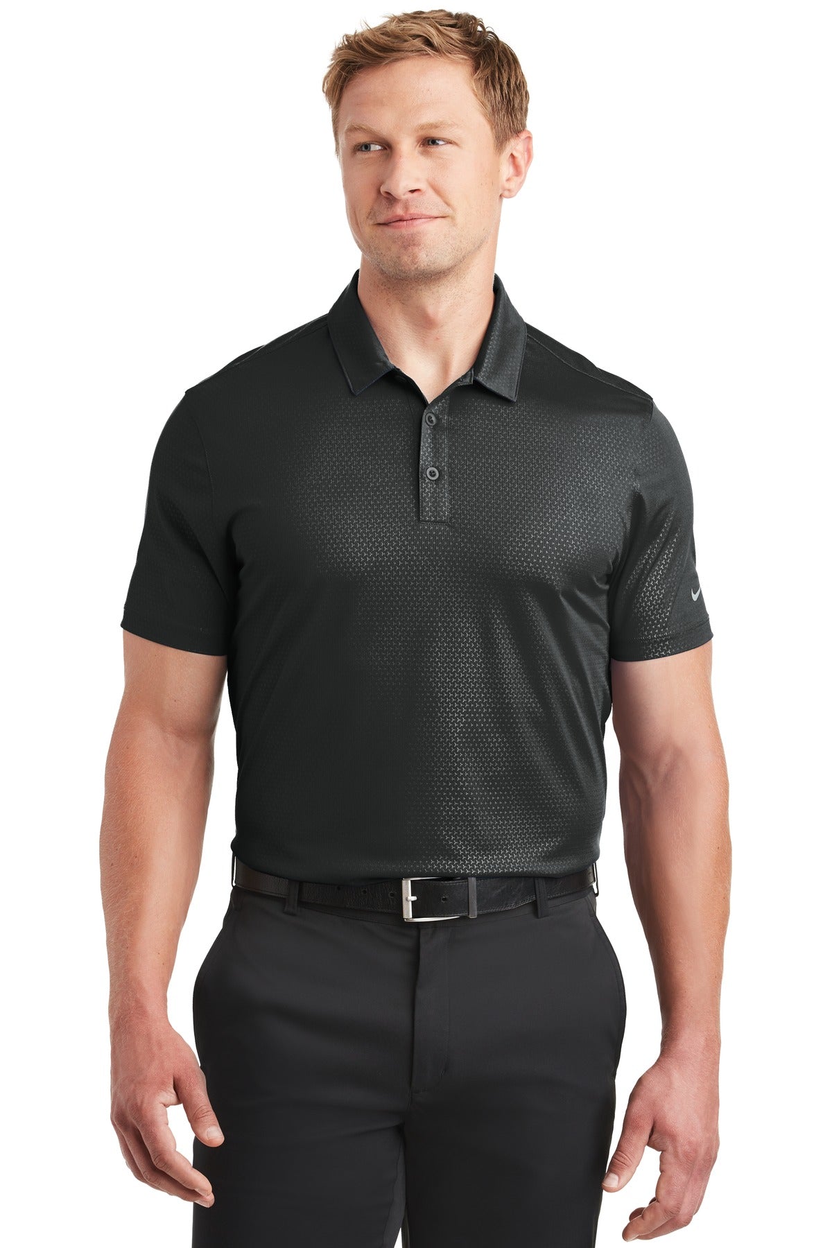 Front View of Black Nike Dri-FIT Embossed Tri-Blade Polo. 838964  - XS