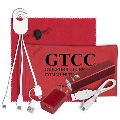 Mobile Tech Metal Power Bank Charging Kit with Microfiber Cloth in Microfiber Cinch Pouch