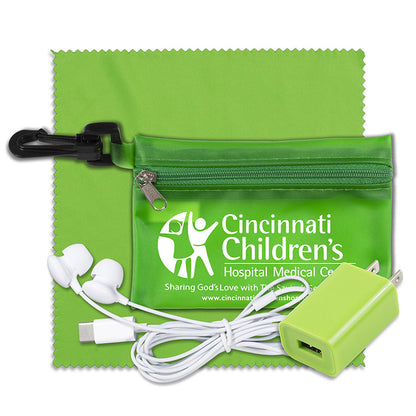 “TechClear” Mobile Tech Accessory Kit in Translucent Carabiner Zipper Pouch Components inserted into
