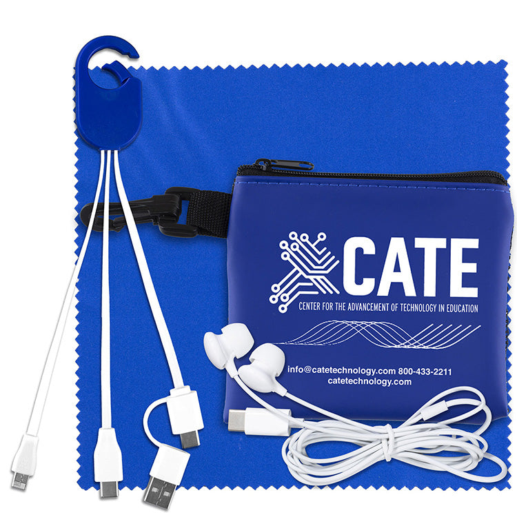 “TechMesh Hang Tunes” Mobile Tech Charging Kit with Earbuds and Charging Cable in Mesh Zipper Pouch