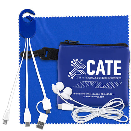 “TechMesh Hang Tunes” Mobile Tech Charging Kit with Earbuds and Charging Cable in Mesh Zipper Pouch