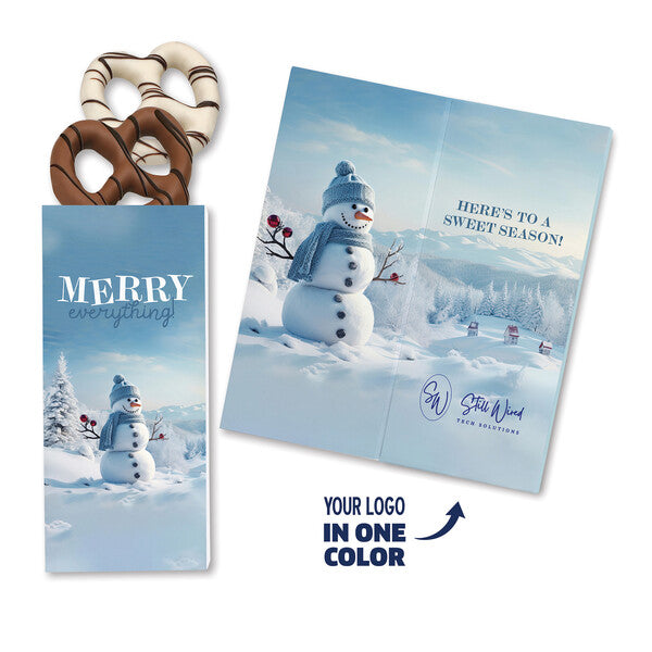 One Color Foil-Stamped Stock Snowman Sweeter Cards with Chocolate Dipped Pretzels