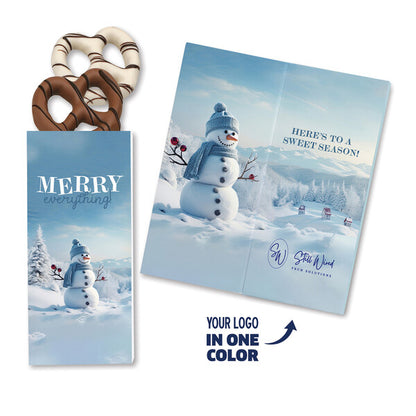 One Color Foil-Stamped Stock Snowman Sweeter Cards with Chocolate Dipped Pretzels