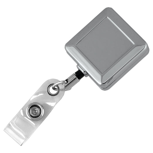32" Cord Square Chrome Solid Metal Retractable Badge Reel and Badge Holder with Laser Imprint