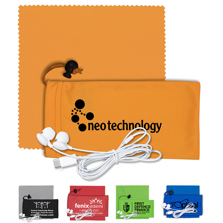 Red Mobile Tech Earbud Kit with Microfiber Cloth in Microfiber Cinch Pouch