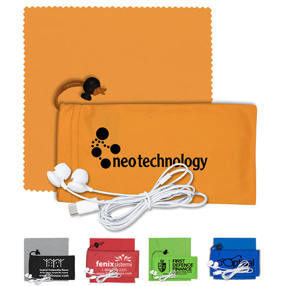 Red Mobile Tech Earbud Kit with Microfiber Cloth in Microfiber Cinch Pouch