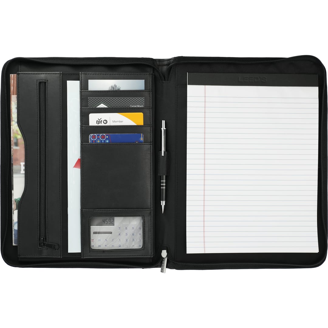 Front View of Black FSC® Mix Millennium Leather Zippered Padfolio