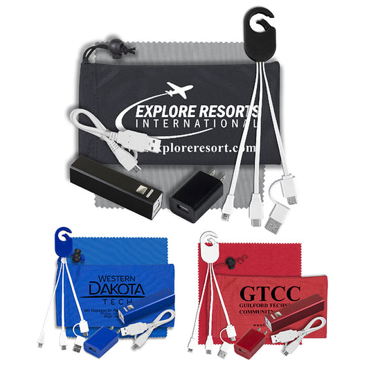 Red Mobile Tech Metal Power Bank Charging Kit with Microfiber Cloth in Microfiber Cinch Pouch