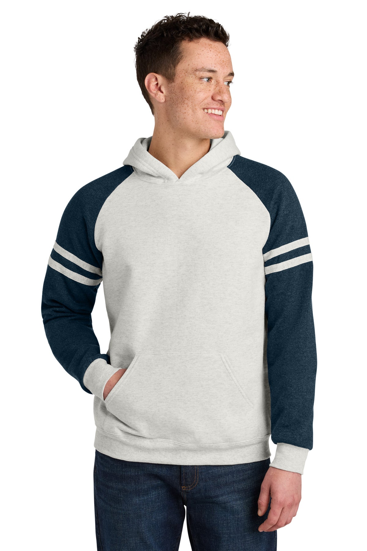 SanMar 97C_oatmealheatherindigoheather_model_front.jpg?v=1762283283