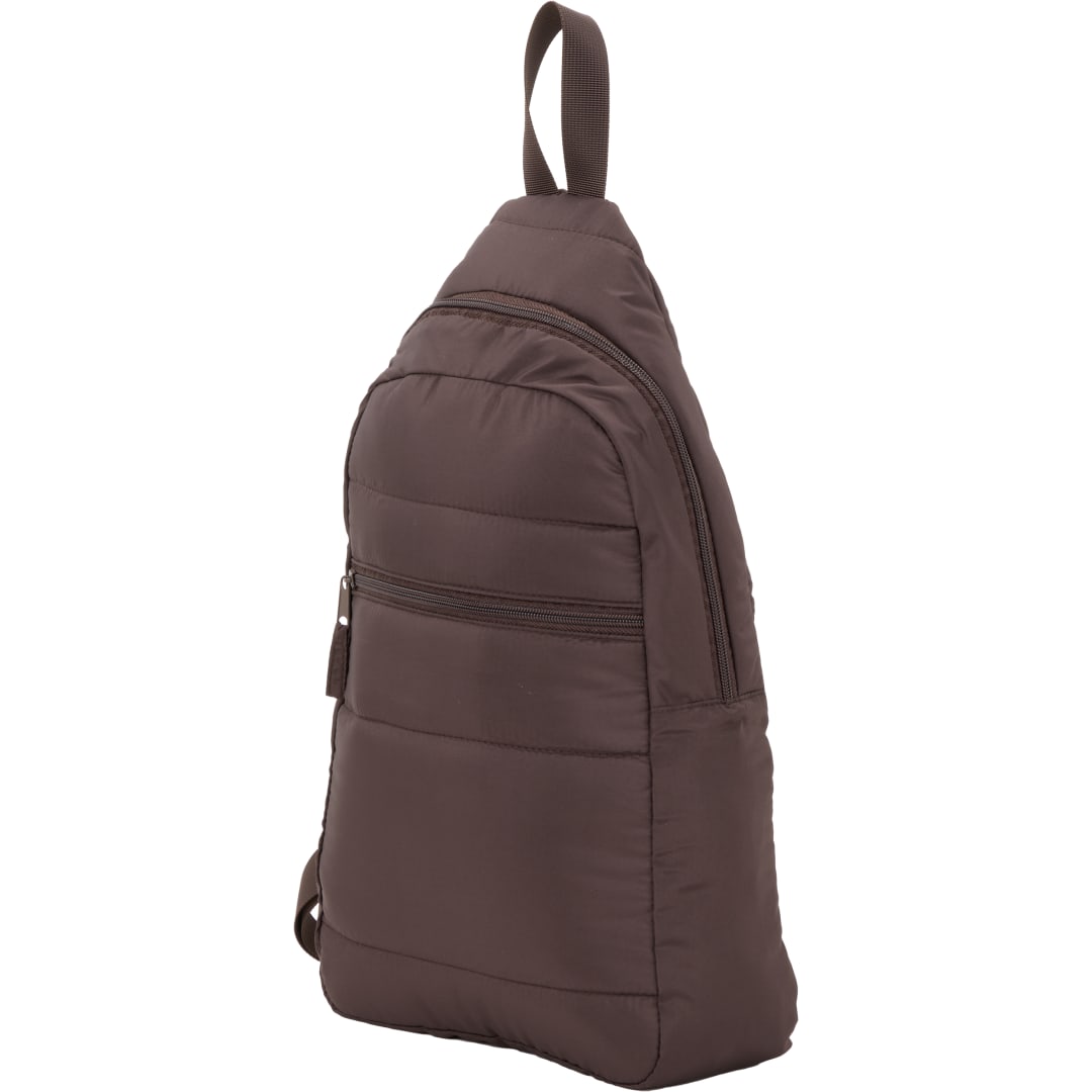 Front View of Brown Puffer Recycled Sling Backpack