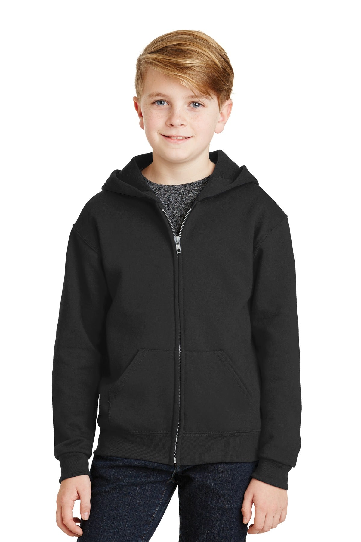 Front View of Black Jerzees - Youth NuBlend Full-Zip Hooded Sweatshirt. 993B  - S