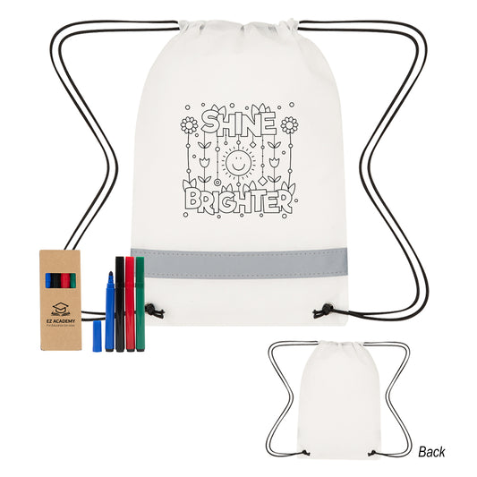 Lil' Bit Reflective Non-Woven Coloring Drawstring Bag With 4-Piece Washable Marker Set