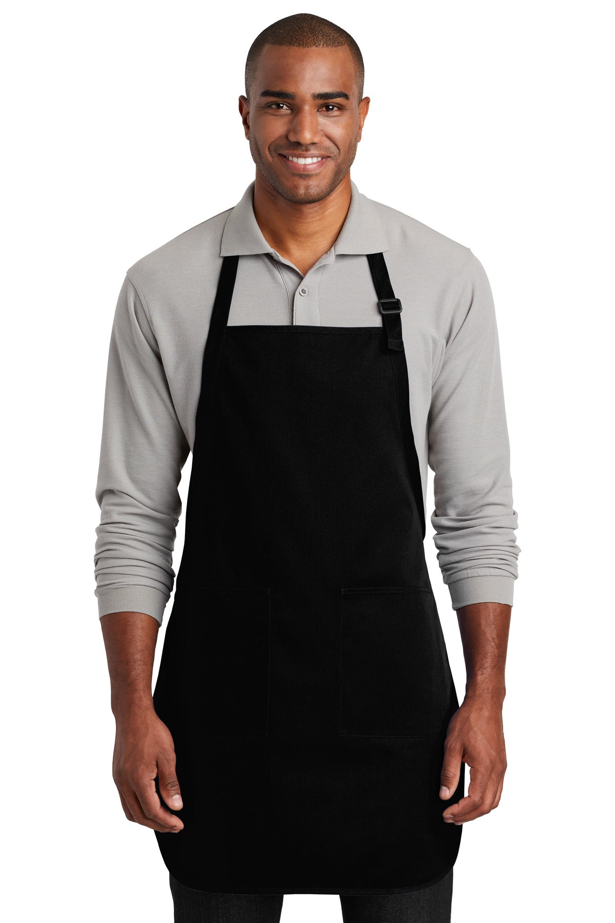 Front View of Black Port Authority Full-Length Two-Pocket Bib Apron. A600