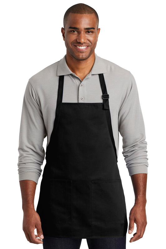 Front View of Black Port Authority Medium-Length Two-Pocket Bib Apron. A601